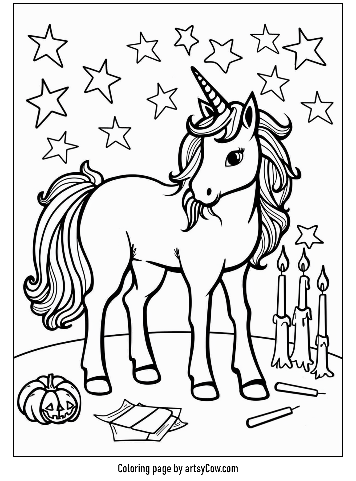 halloween coloring pages with unicorn featuring a charming unicorn surrounded by twinkling stars and candles, with festive Halloween elements like a small pumpkin and crayons for coloring.